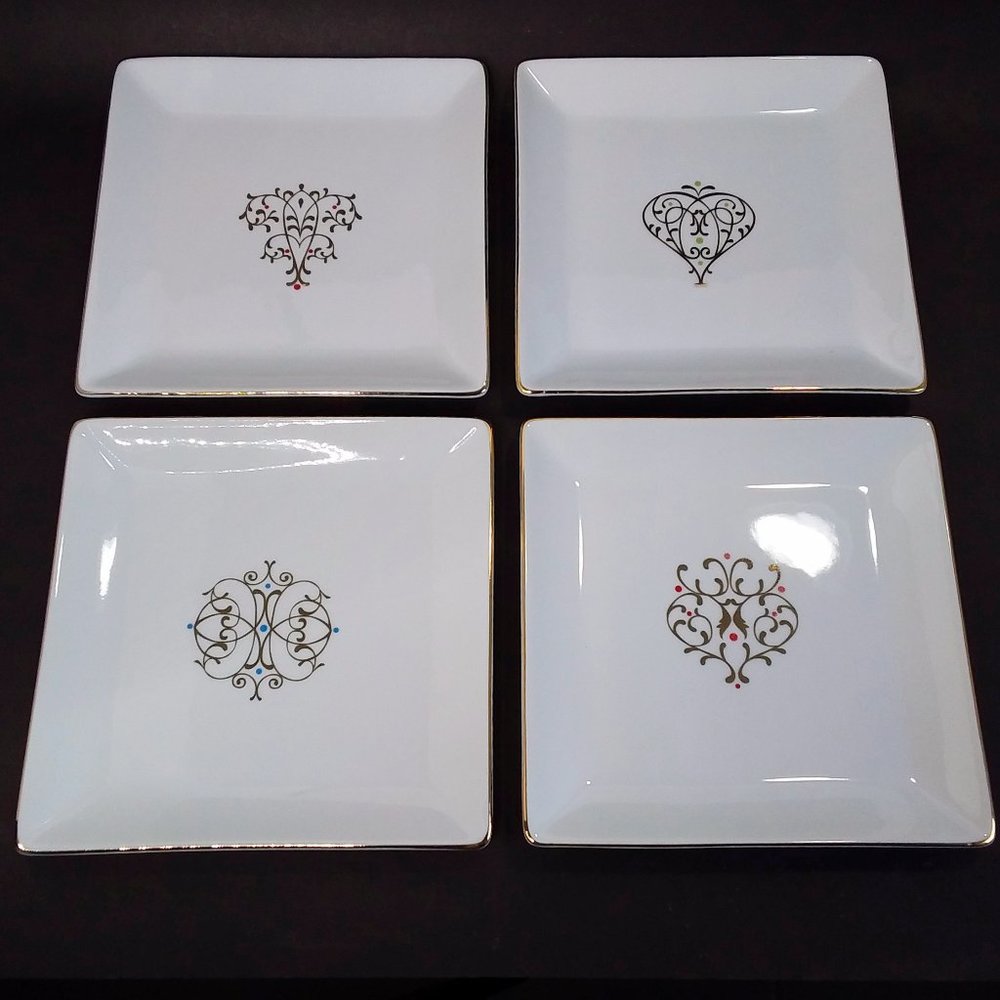 4 Noble Excellence Square Porcelain Plates Gold Ornaments & Trim Christmas 7.25"